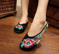 Veowalk Summer Women Canvas Closed Toe Flat Slippers Chinese Style Embroidered Ladies Casual Comfortable Mules Shoes Black Green