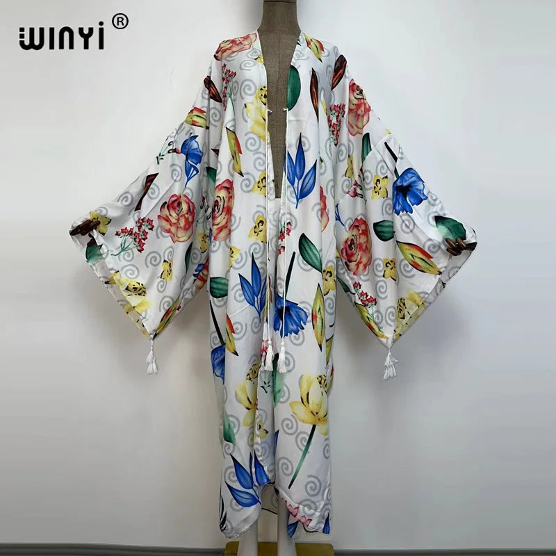 Sukienka Autumn 2021 WINYI Women Cardigan Loose Long Dress Cocktail Party Boho Maxi African Holiday Batwing Sleeve kimono Robe