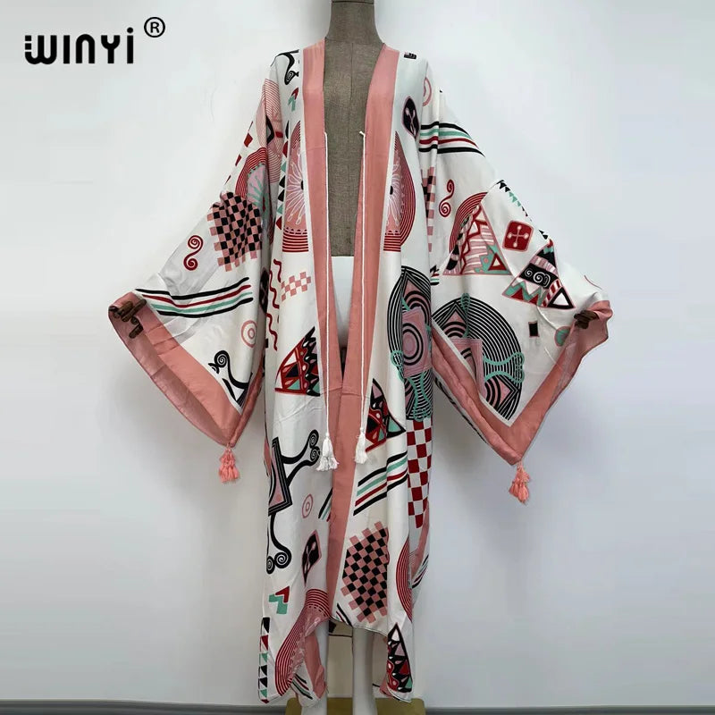 Sukienka Autumn 2021 WINYI Women Cardigan Loose Long Dress Cocktail Party Boho Maxi African Holiday Batwing Sleeve kimono Robe