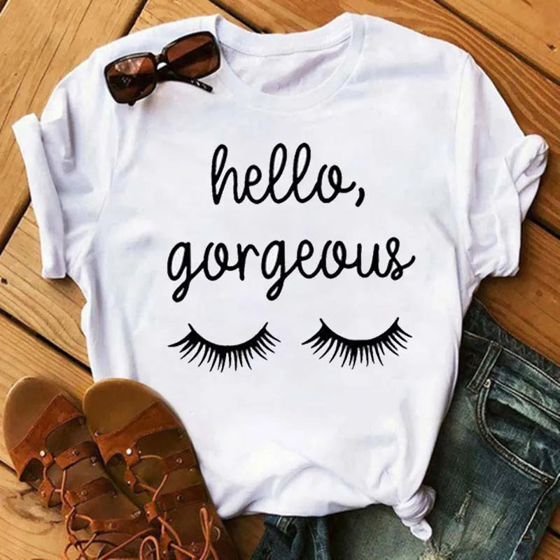 Maycaur Fashion Graphic Women Tops Eyelashes Print Kawaii Lashes Women T Shirt Tee Funny Makeup Aesthetic Shirt Camisas Mujer