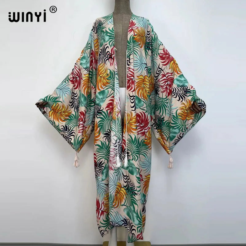 Sukienka Autumn 2021 WINYI Women Cardigan Loose Long Dress Cocktail Party Boho Maxi African Holiday Batwing Sleeve kimono Robe