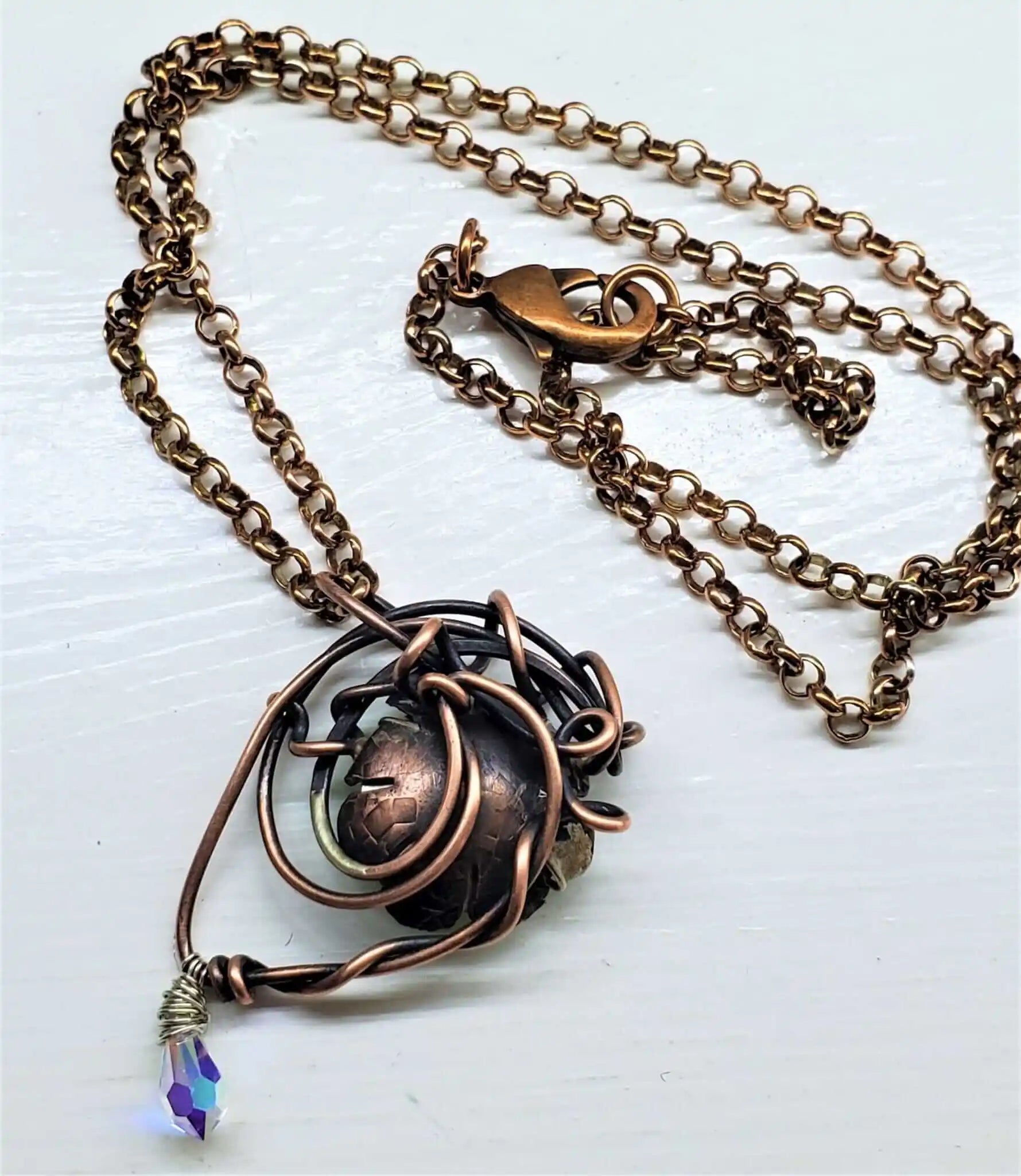Handmade Asymmetric Wire Sculpted Green Crystal Copper Eye Necklace