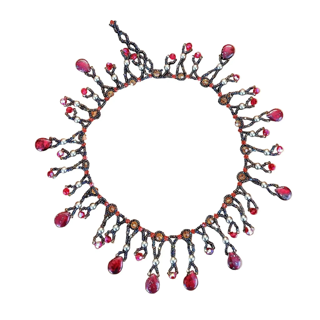 Handmade Sparkly Beaded Red and Green Waterfall Statement Necklace