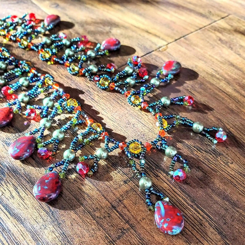 Handmade Sparkly Beaded Red and Green Waterfall Statement Necklace