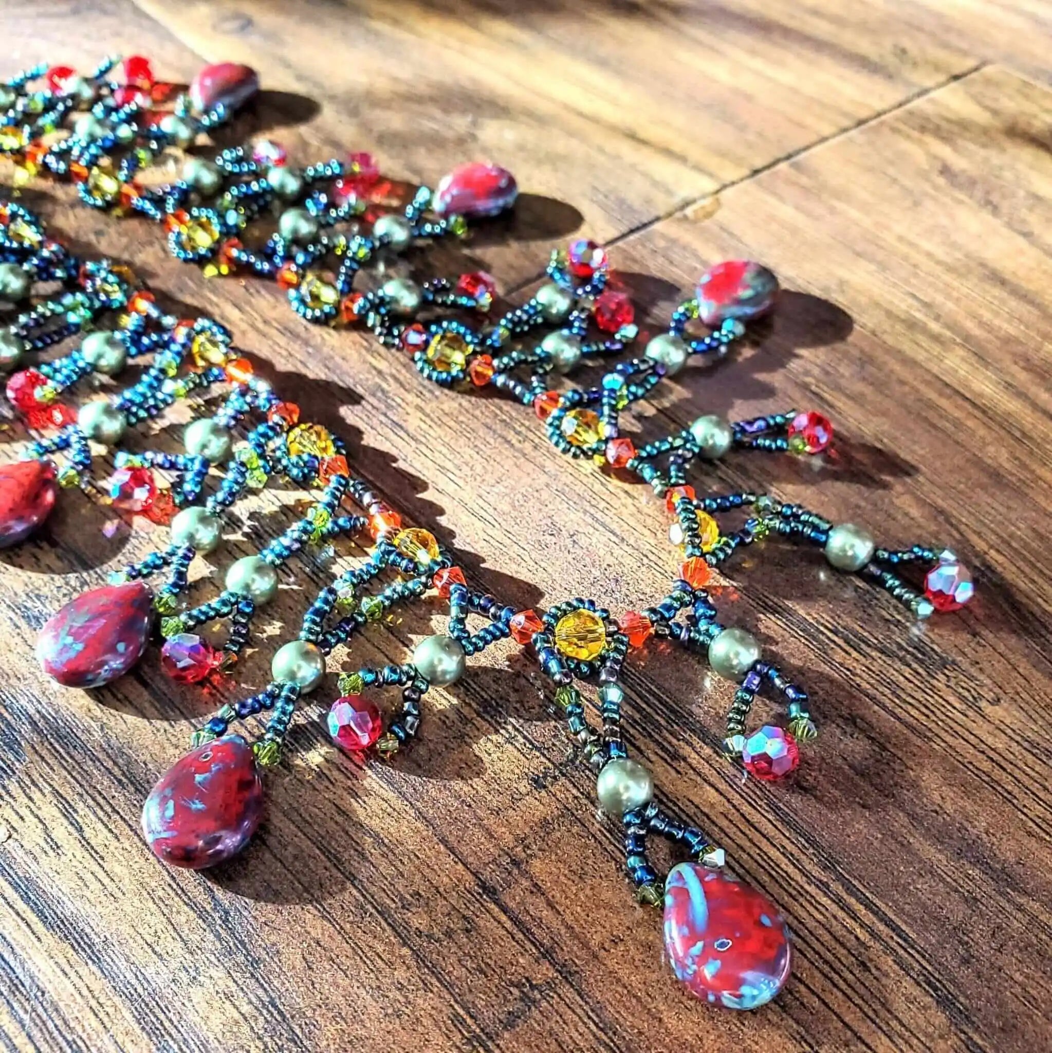 Handmade Sparkly Beaded Red and Green Waterfall Statement Necklace
