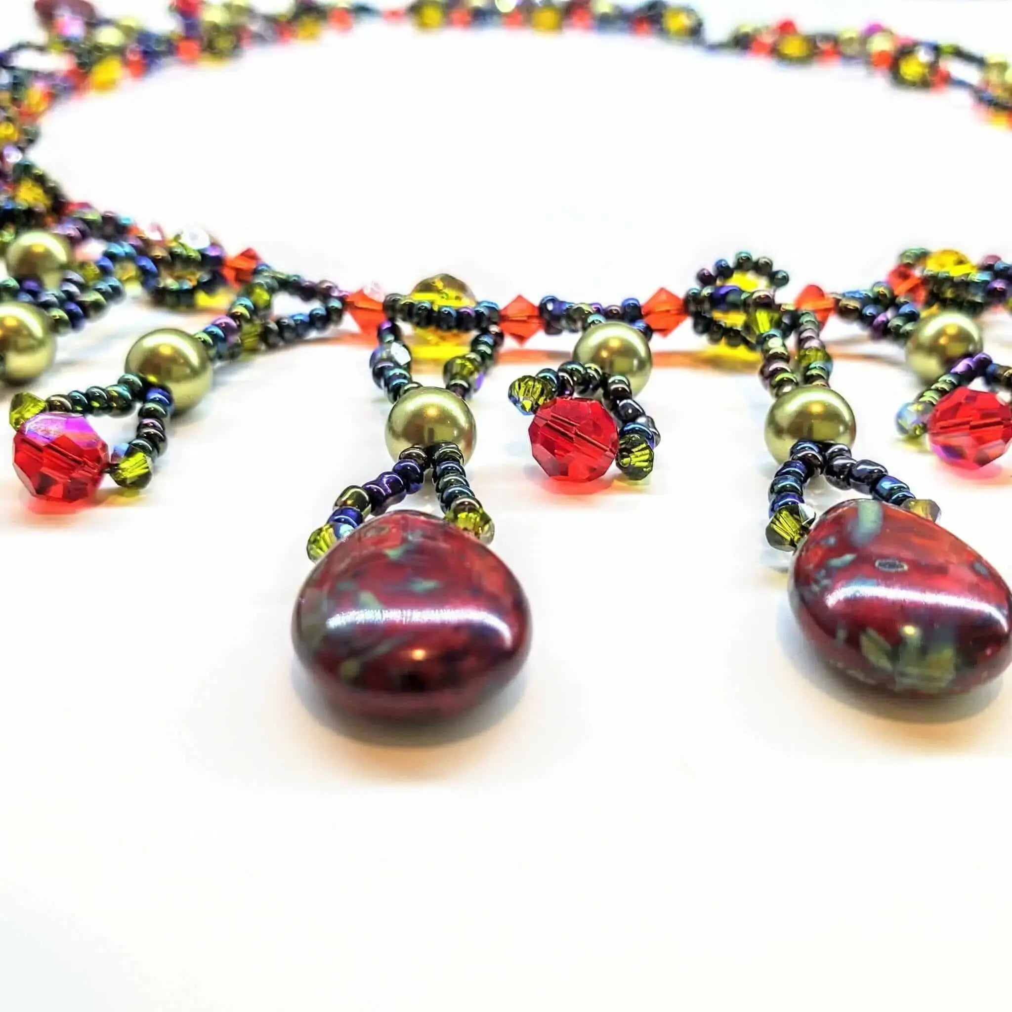 Handmade Sparkly Beaded Red and Green Waterfall Statement Necklace