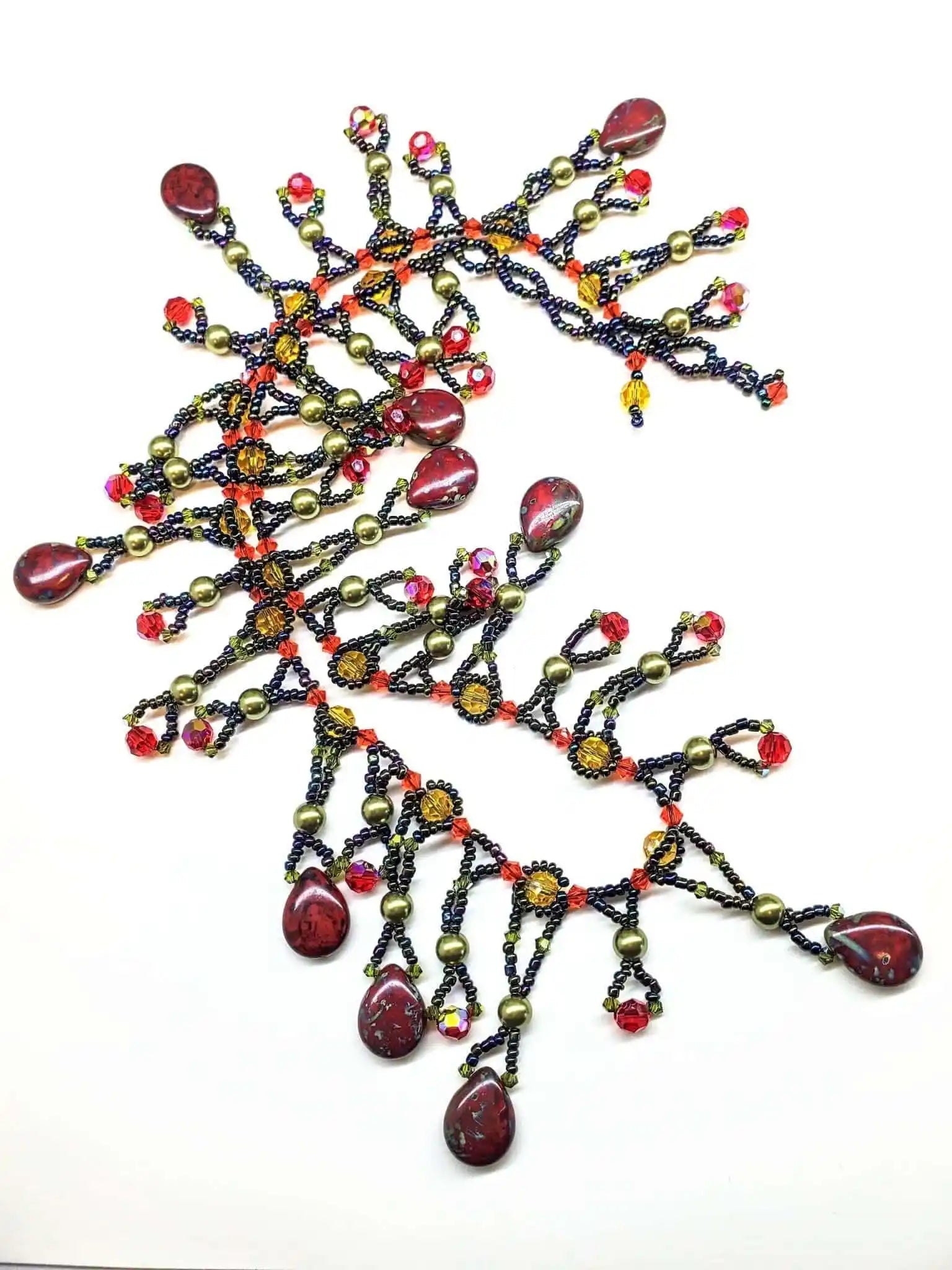 Handmade Sparkly Beaded Red and Green Waterfall Statement Necklace