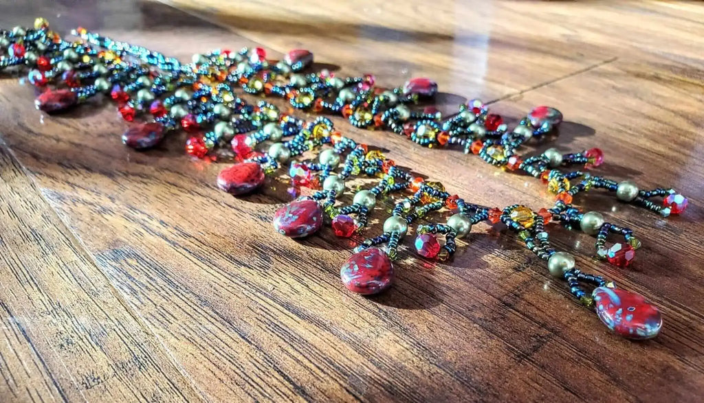 Handmade Sparkly Beaded Red and Green Waterfall Statement Necklace