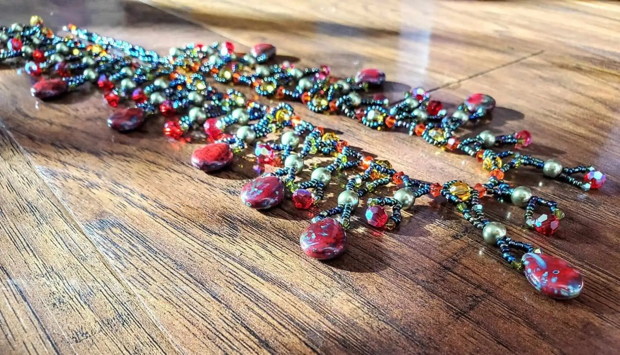 Handmade Sparkly Beaded Red and Green Waterfall Statement Necklace