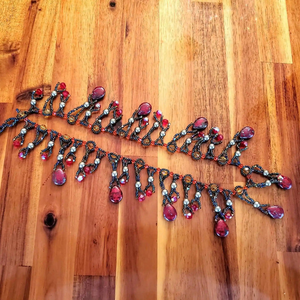 Handmade Sparkly Beaded Red and Green Waterfall Statement Necklace