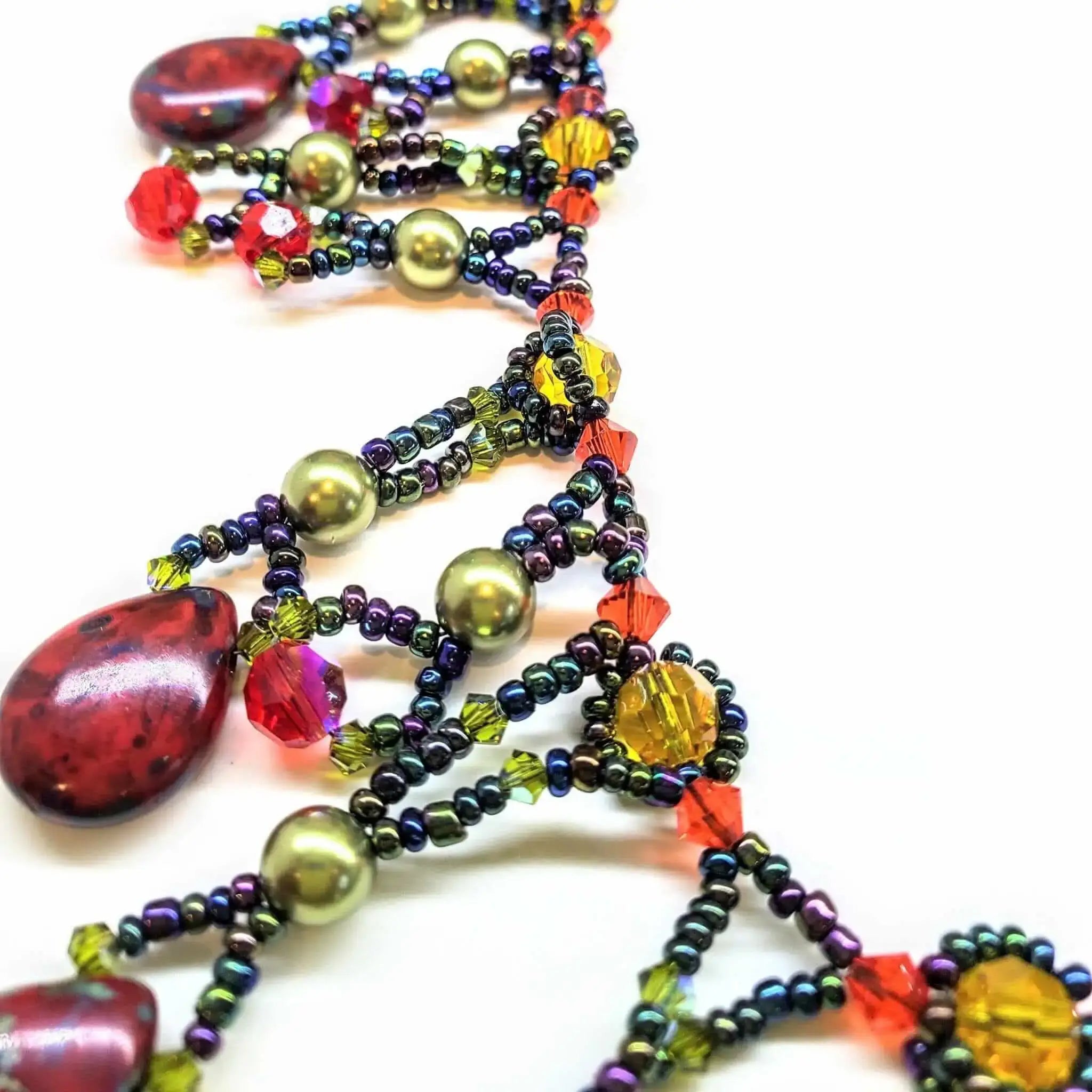 Handmade Sparkly Beaded Red and Green Waterfall Statement Necklace