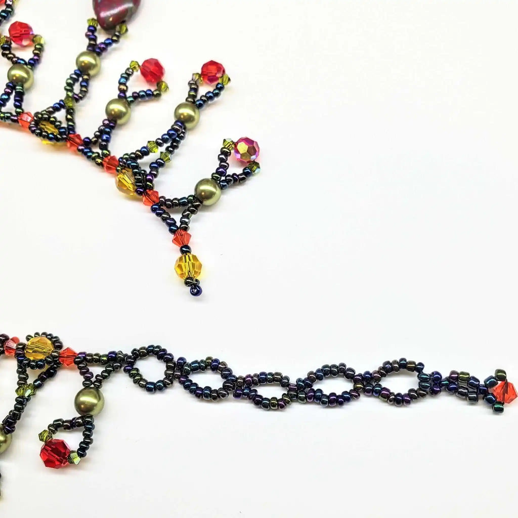 Handmade Sparkly Beaded Red and Green Waterfall Statement Necklace