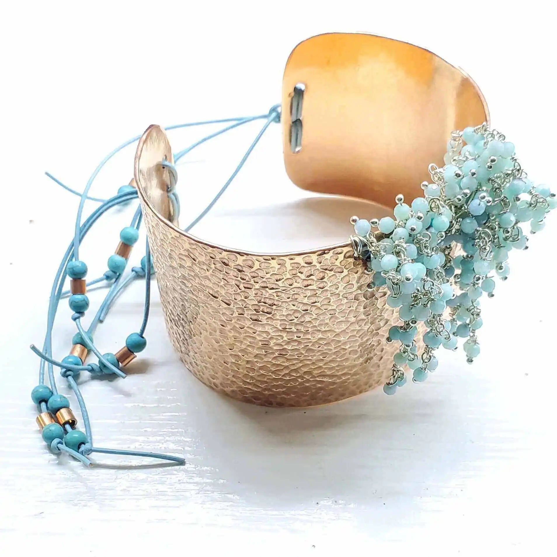 Handmade Turquoise Dangle Wide Hammered Copper Cuffs