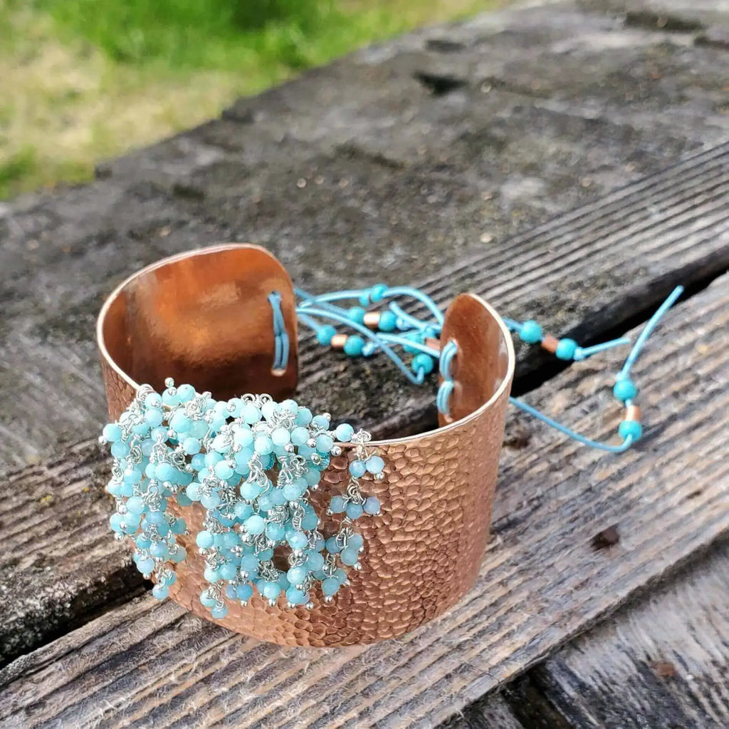 Handmade Turquoise Dangle Wide Hammered Copper Cuffs