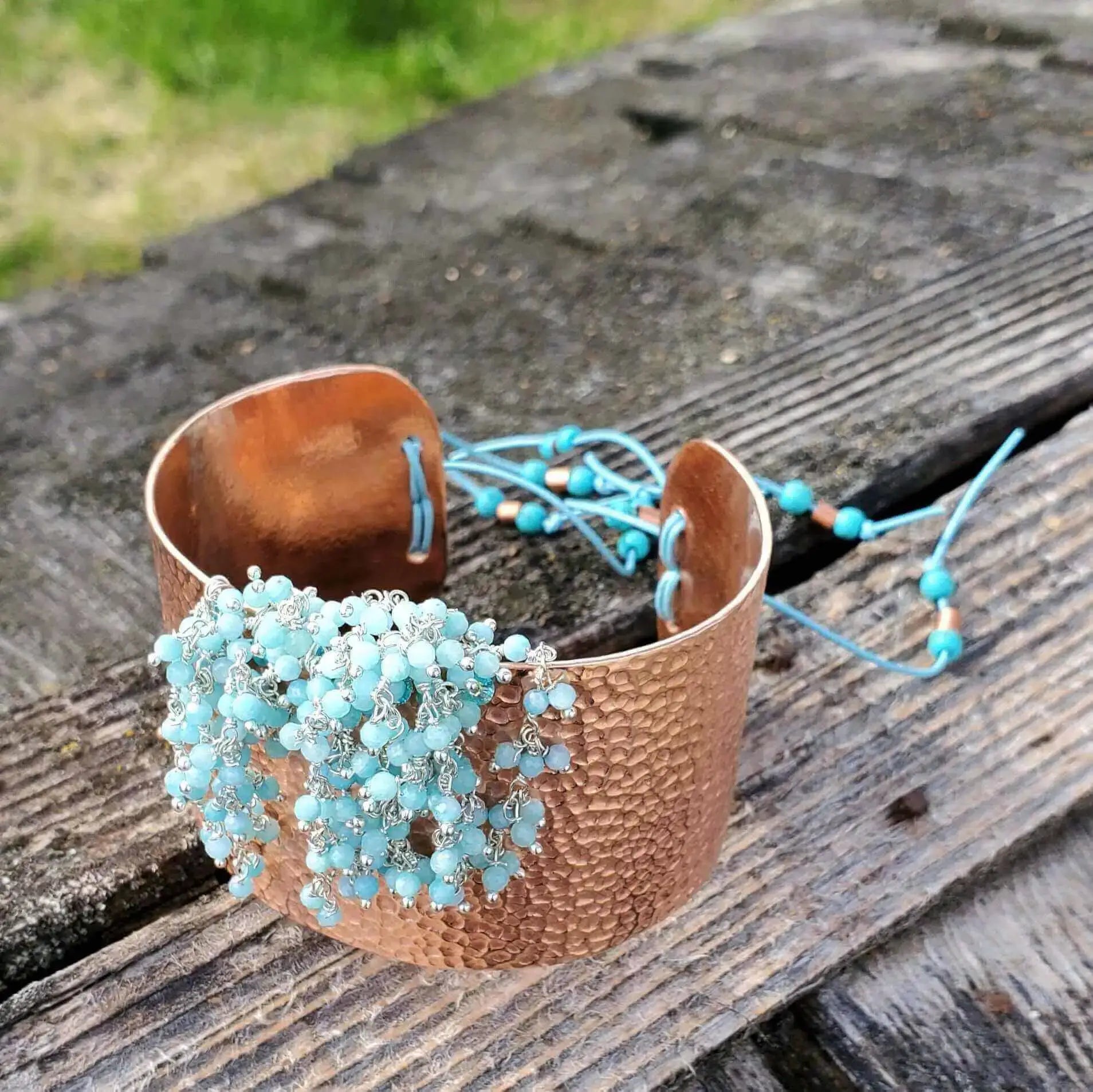 Handmade Turquoise Dangle Wide Hammered Copper Cuffs