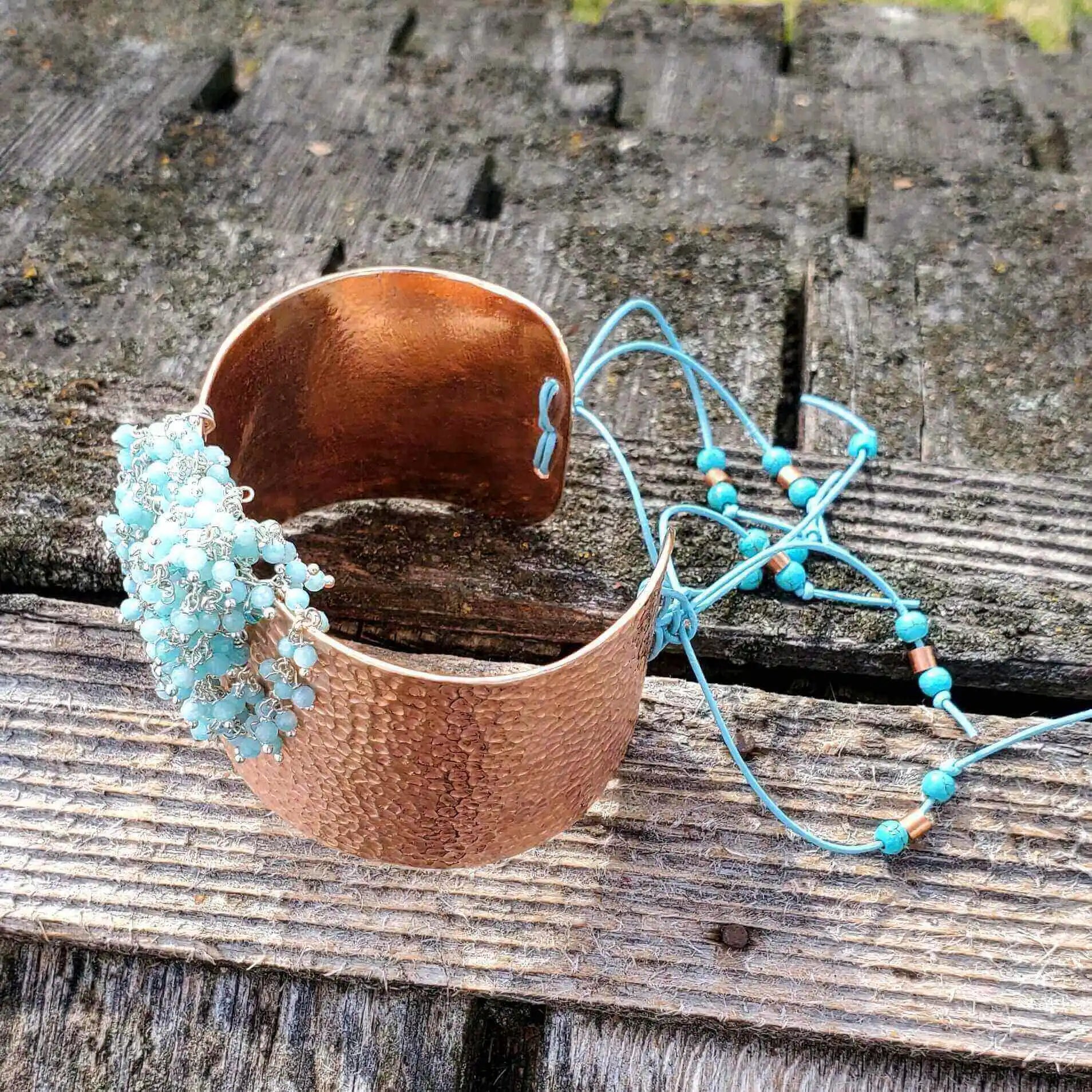 Handmade Turquoise Dangle Wide Hammered Copper Cuffs