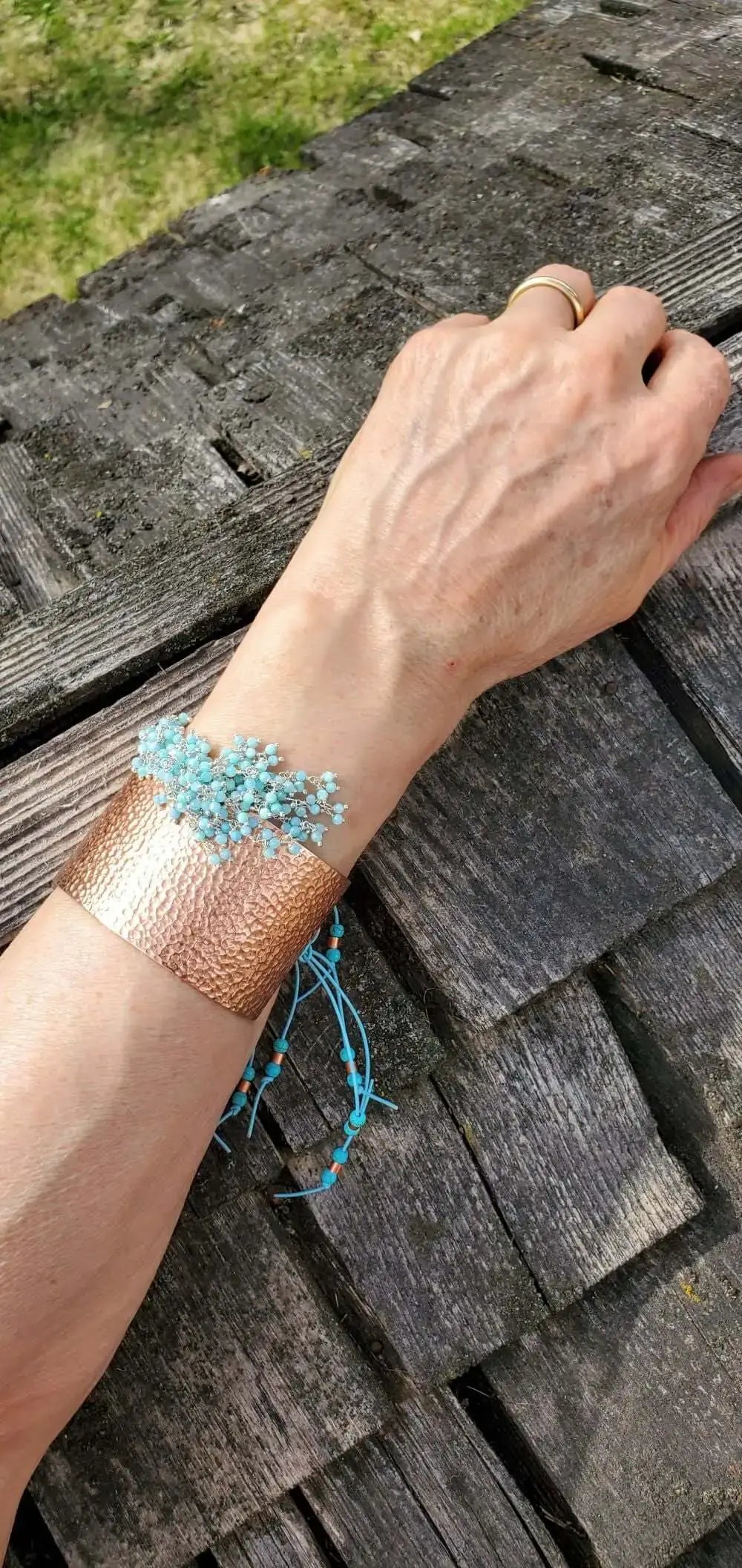 Handmade Turquoise Dangle Wide Hammered Copper Cuffs