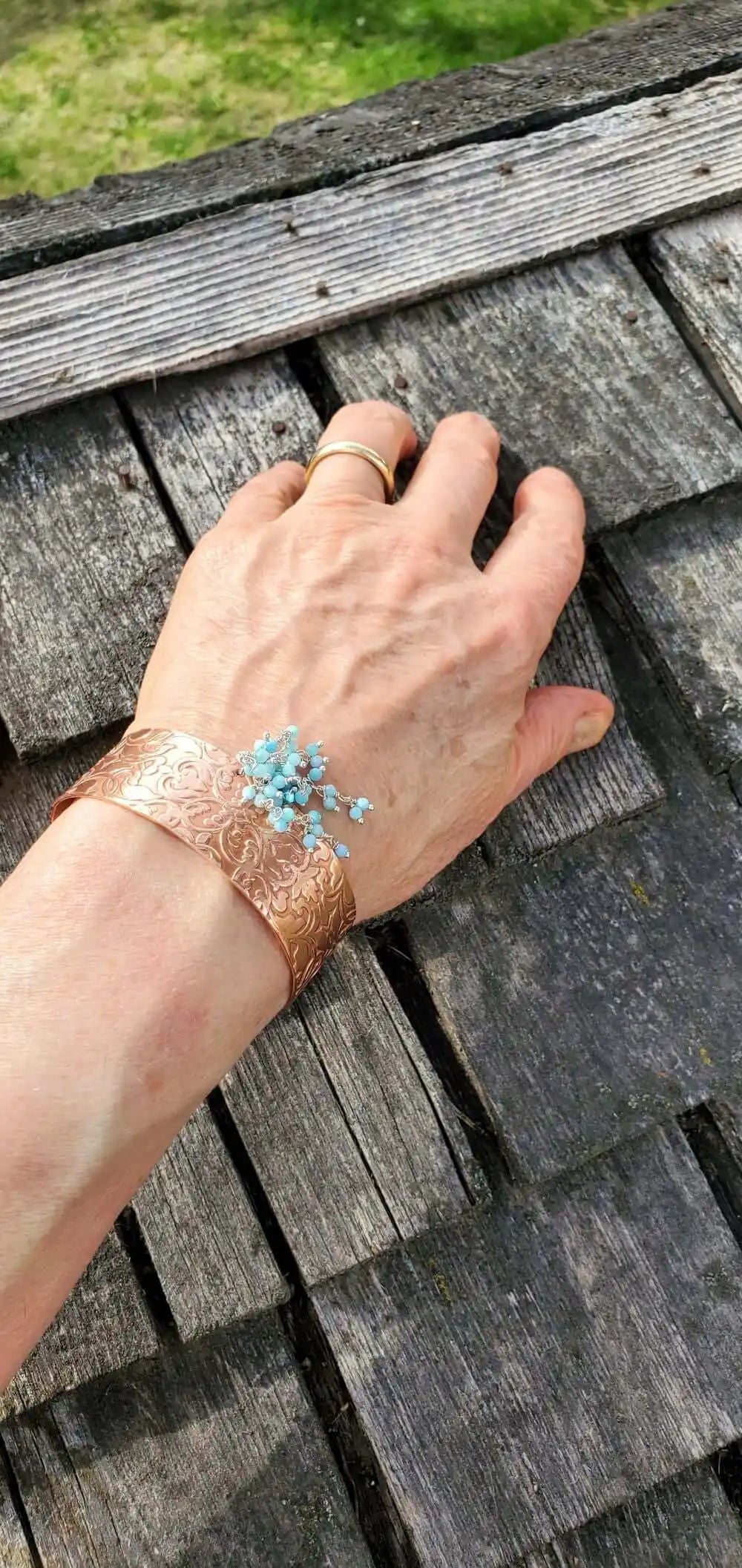 Handmade Turquoise Dangle Wide Hammered Copper Cuffs