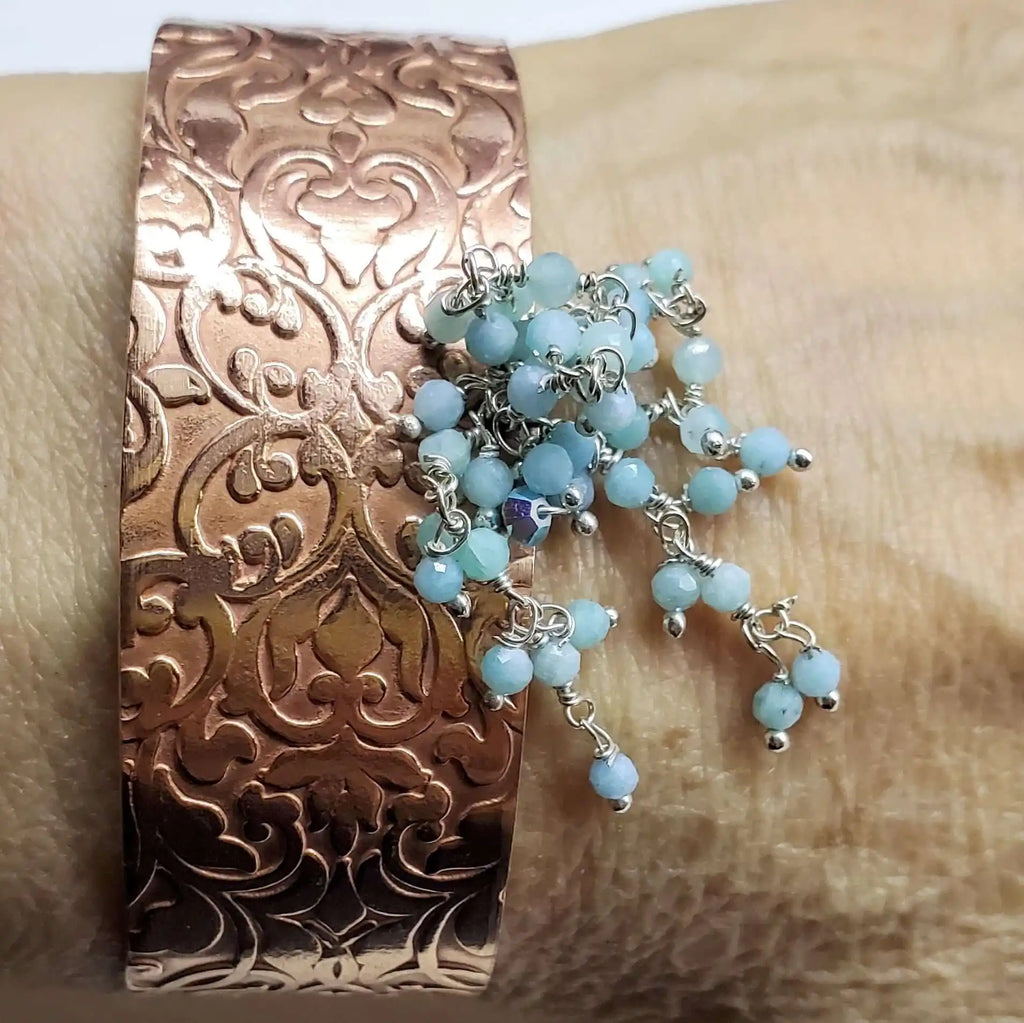 Handmade Turquoise Dangle Wide Hammered Copper Cuffs