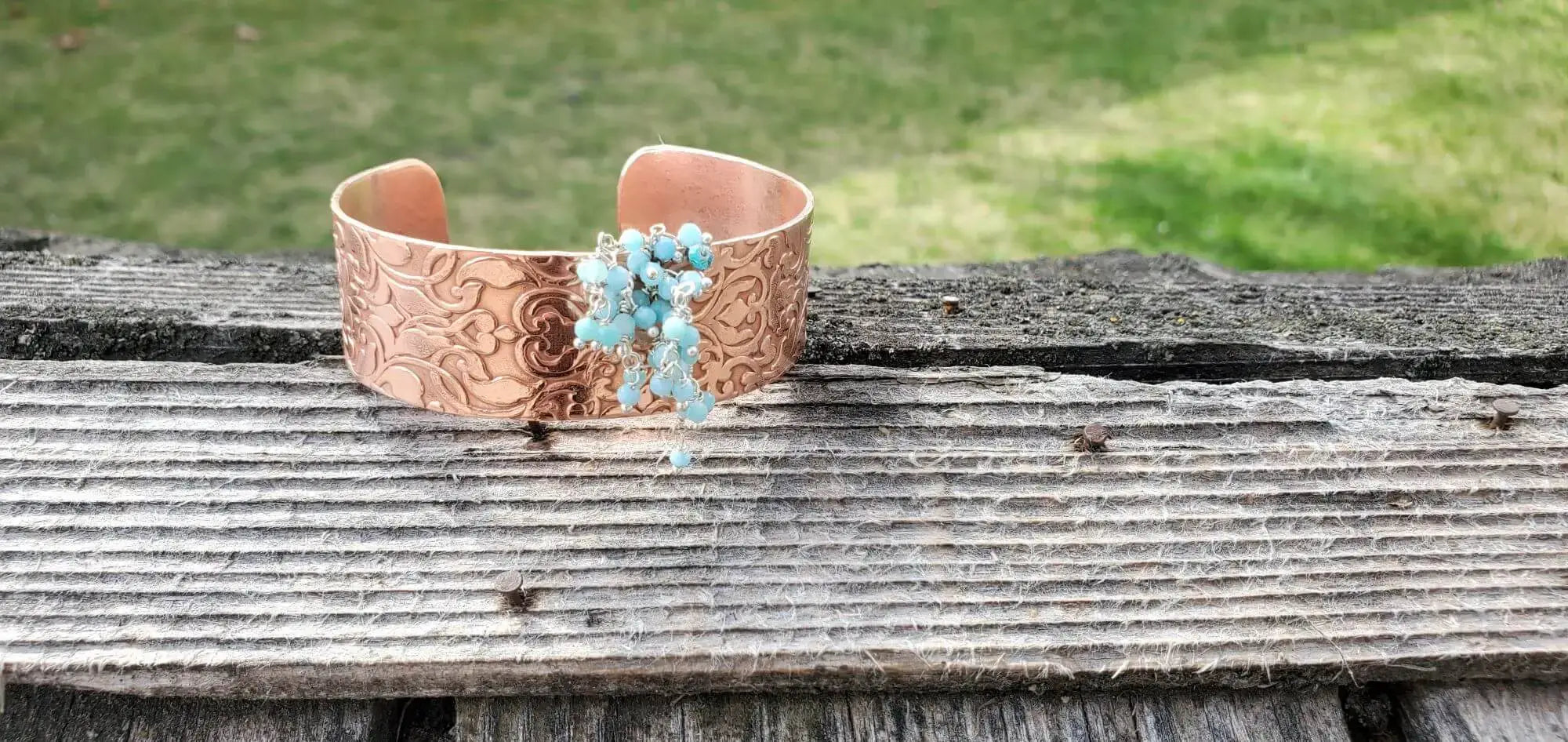 Handmade Turquoise Dangle Wide Hammered Copper Cuffs