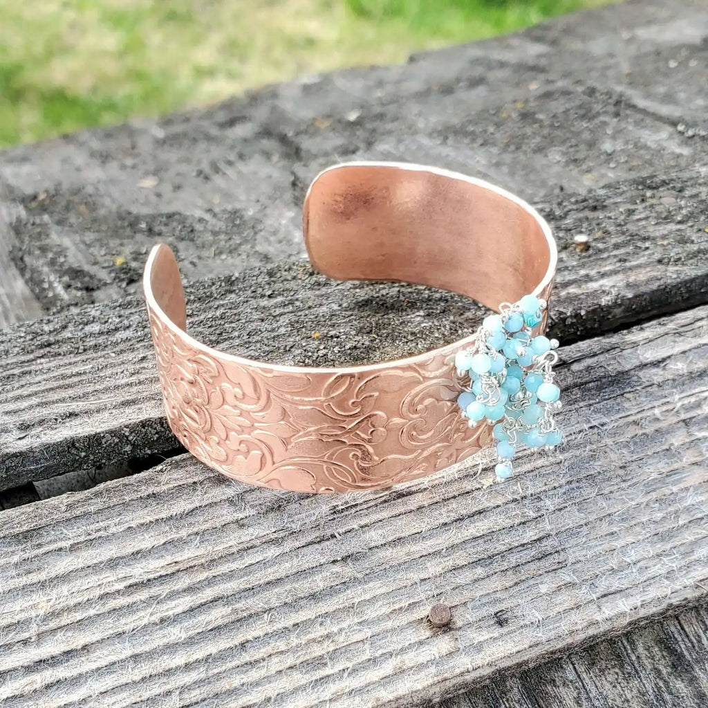 Handmade Turquoise Dangle Wide Hammered Copper Cuffs