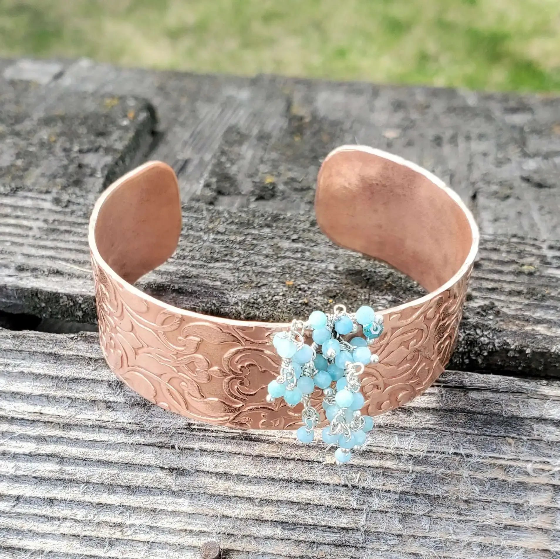 Handmade Turquoise Dangle Wide Hammered Copper Cuffs