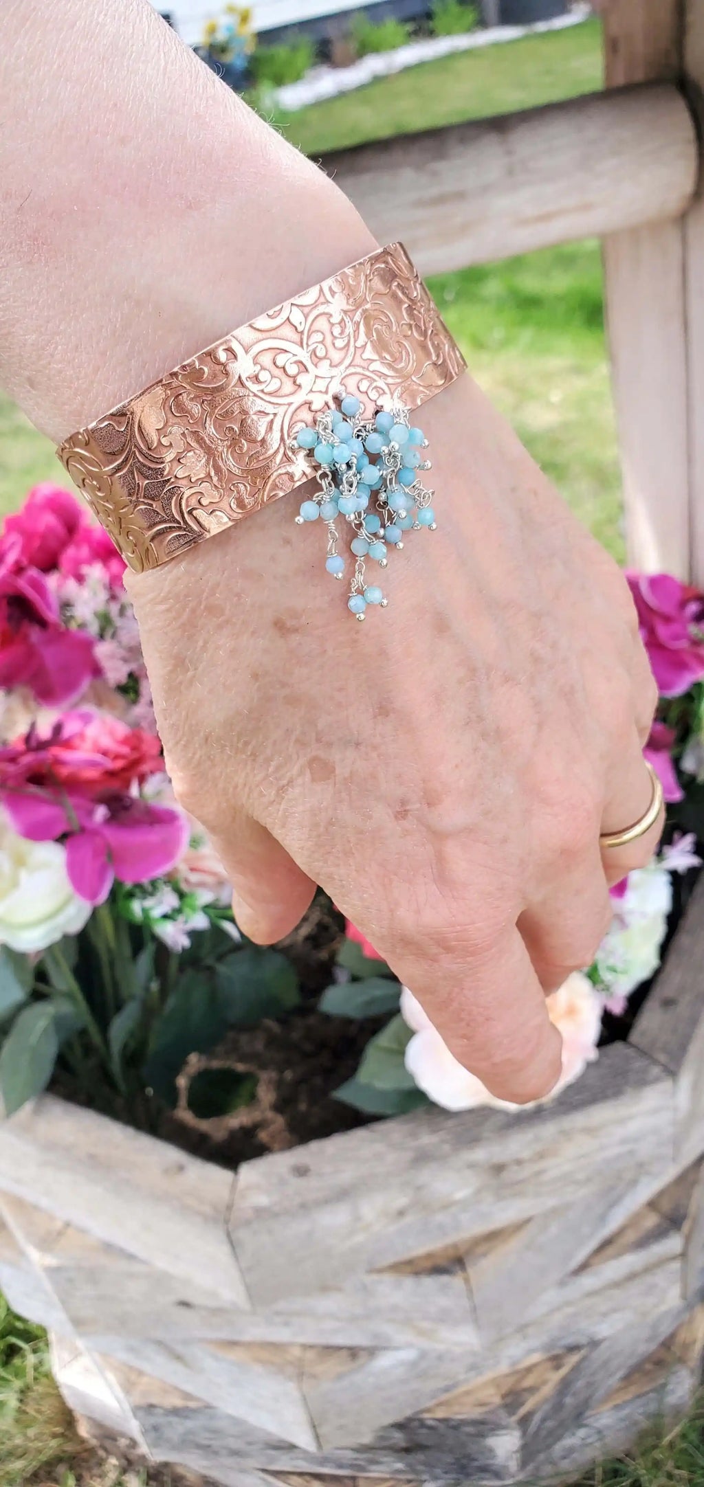 Handmade Turquoise Dangle Wide Hammered Copper Cuffs
