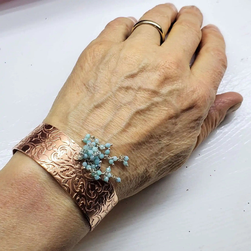 Handmade Turquoise Dangle Wide Hammered Copper Cuffs