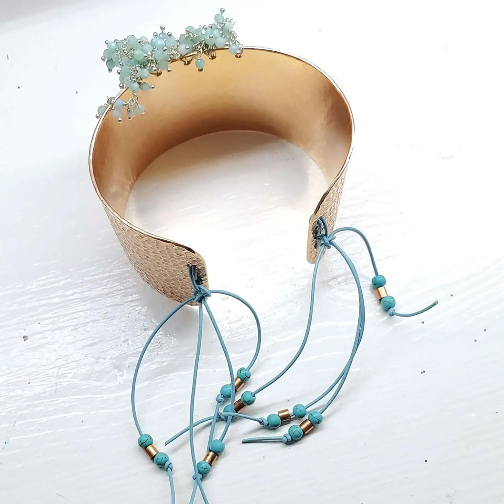 Handmade Turquoise Dangle Wide Hammered Copper Cuffs