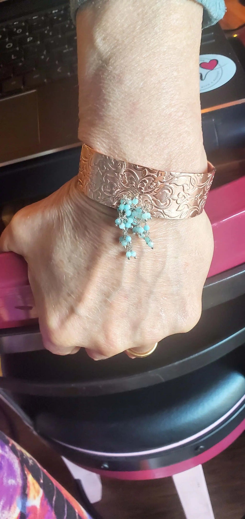 Handmade Turquoise Dangle Wide Hammered Copper Cuffs