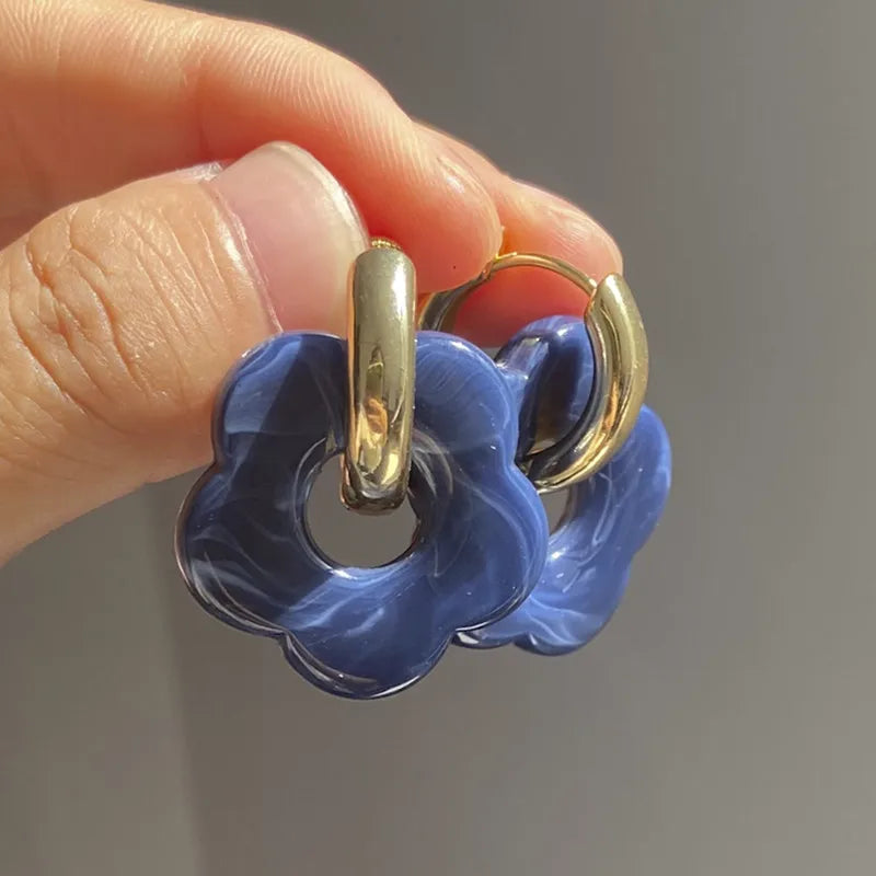 Multicolor Transparent Acrylic Resin Marbling Flower Drop Earrings