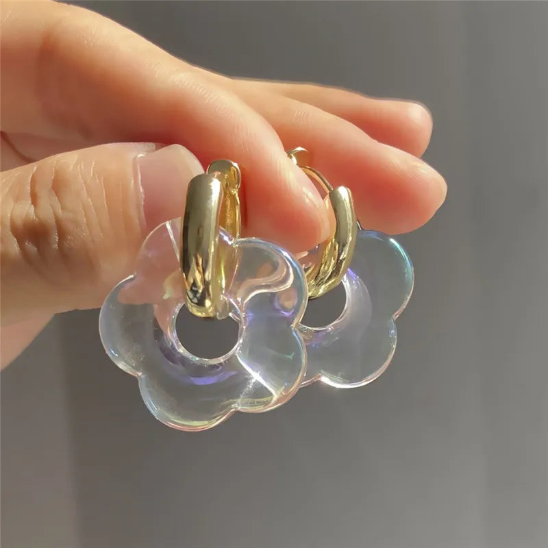 Multicolor Transparent Acrylic Resin Marbling Flower Drop Earrings