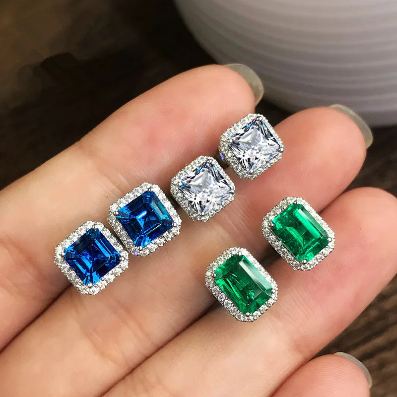 Huitan Rectangle/Square Green Cubic Zircon Stud Earrings Women Elegant Party Accessories Anniversary Gift Lady Timeless Earrings