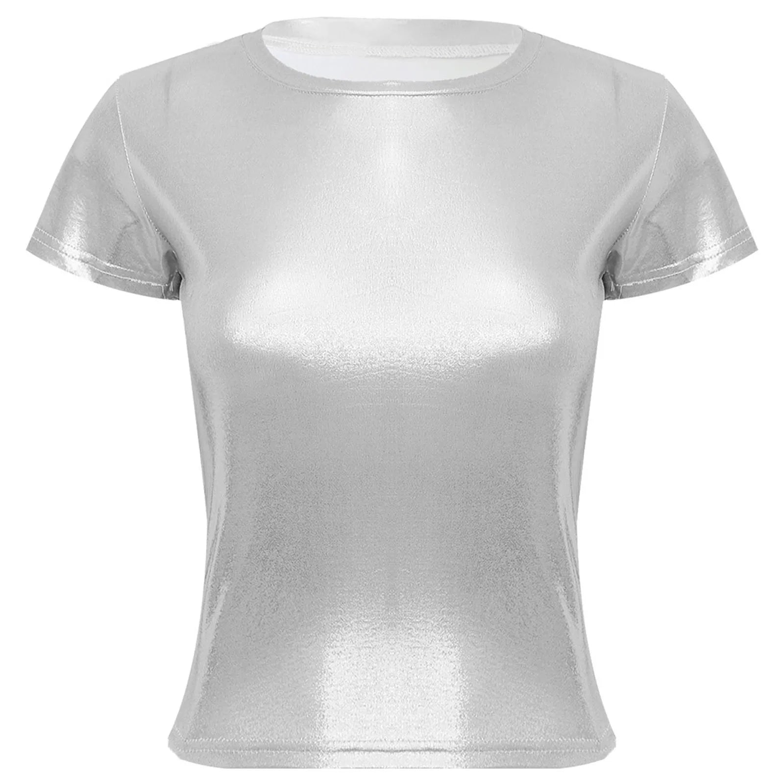 Women Shiny Metallic Silver Short Sleeve T-shirt Sexy Round Neck Glossy Solid Color Tops for Dance Party Rave Festival Clubwear