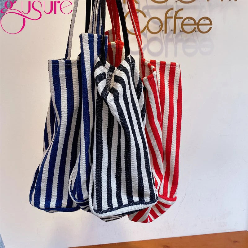 Striped Design Shoulder Bag Large Capacity Canvas Tote Bag for Women Summer Beach Female Casual Travel Handbags