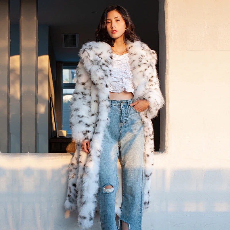 Women's fur coat Imitation fox fur coat black dot leopard print suit long length large size winter warm leather windbreaker