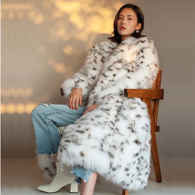 Women's fur coat Imitation fox fur coat black dot leopard print suit long length large size winter warm leather windbreaker