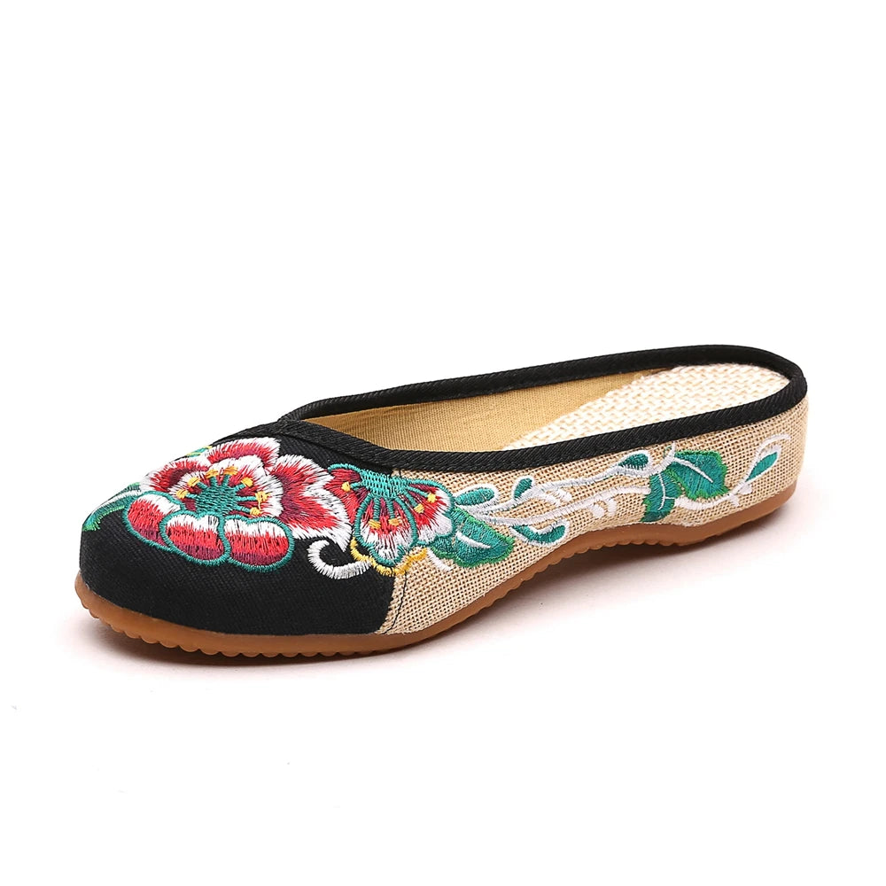 Veowalk Summer Women Canvas Closed Toe Flat Slippers Chinese Style Embroidered Ladies Casual Comfortable Mules Shoes Black Green
