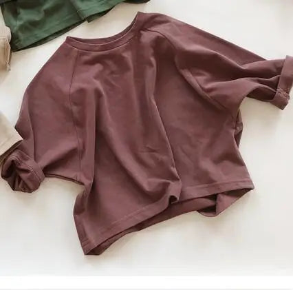 Baby Boys Girls Pure Color T-shirt Tops Autumn Baby Boys Girls Long Sleeve Cotton Pullover T-shirt Children Clothing