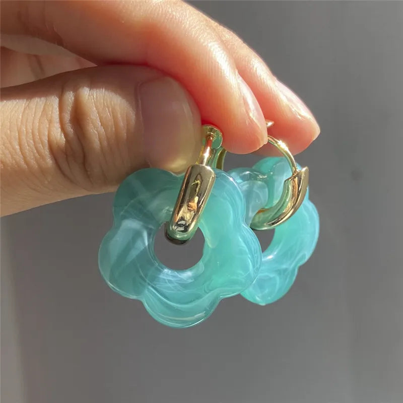 Multicolor Transparent Acrylic Resin Marbling Flower Drop Earrings
