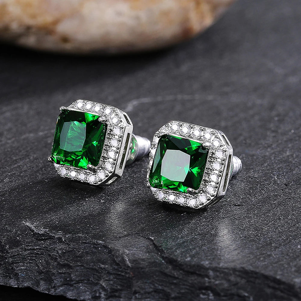 Huitan Rectangle/Square Green Cubic Zircon Stud Earrings Women Elegant Party Accessories Anniversary Gift Lady Timeless Earrings