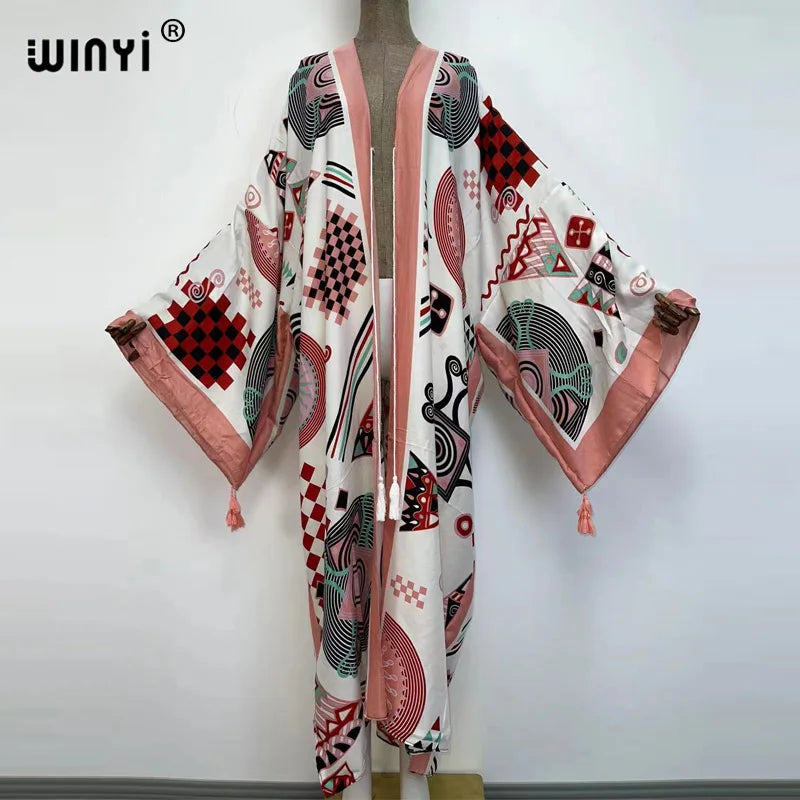 Sukienka Autumn 2021 WINYI Women Cardigan Loose Long Dress Cocktail Party Boho Maxi African Holiday Batwing Sleeve kimono Robe