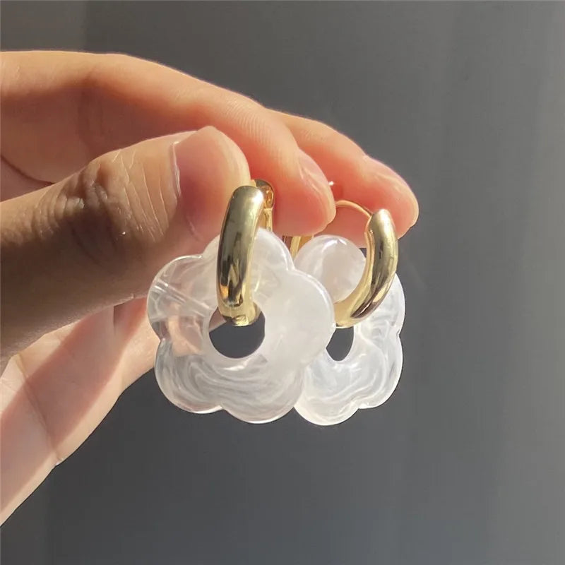Multicolor Transparent Acrylic Resin Marbling Flower Drop Earrings