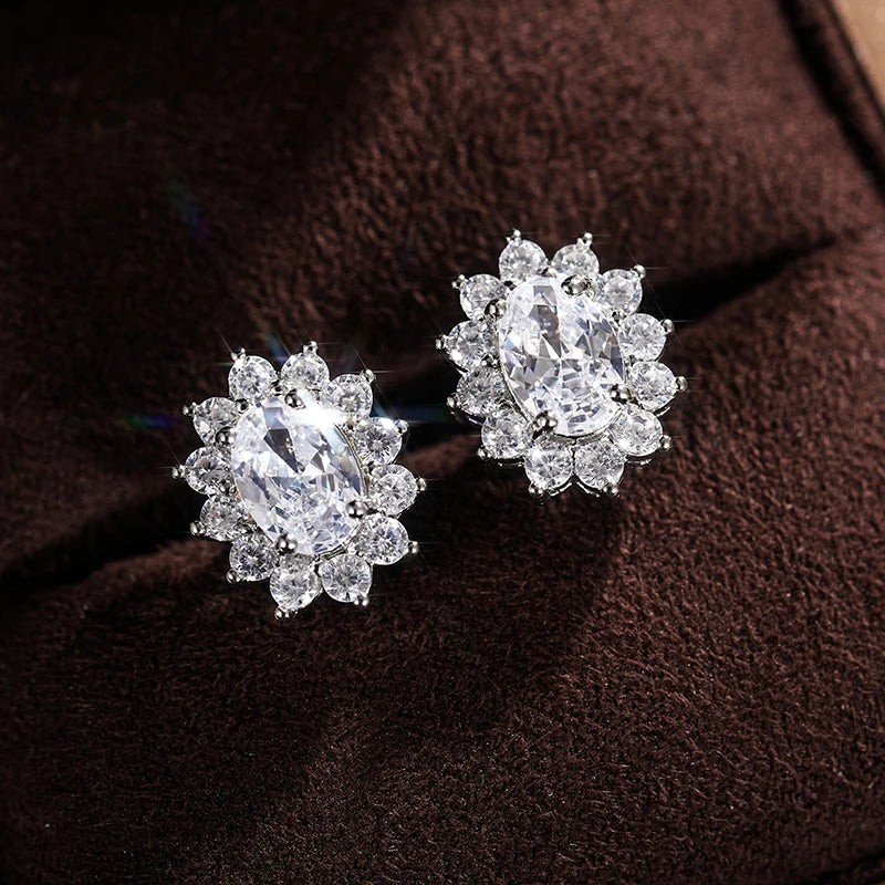Huitan Full Zircon Stud Earrings for Women Blue/Purple/Red/Pink/Black/White/Green Oval CZ Wedding Trend Female Luxury Jewelry