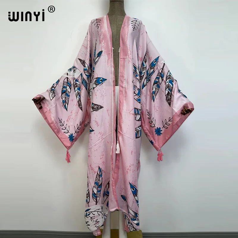 Sukienka Autumn 2021 WINYI Women Cardigan Loose Long Dress Cocktail Party Boho Maxi African Holiday Batwing Sleeve kimono Robe