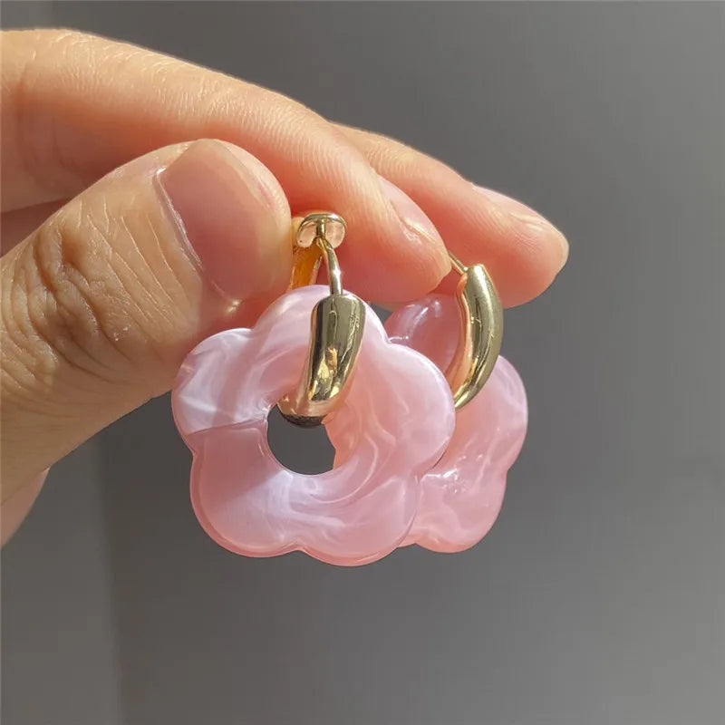 Multicolor Transparent Acrylic Resin Marbling Flower Drop Earrings