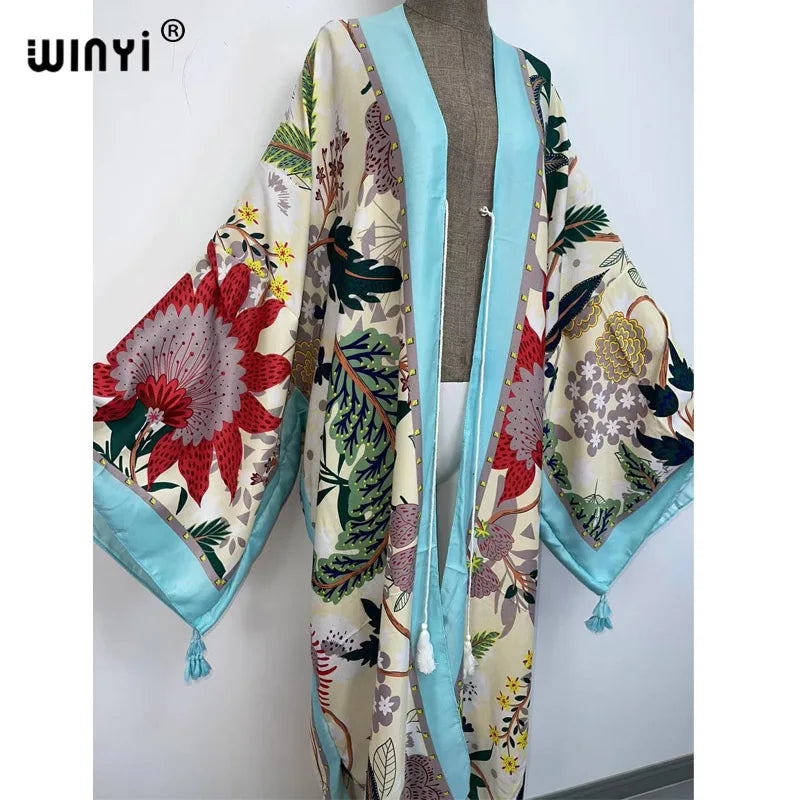 Sukienka Autumn 2021 WINYI Women Cardigan Loose Long Dress Cocktail Party Boho Maxi African Holiday Batwing Sleeve kimono Robe