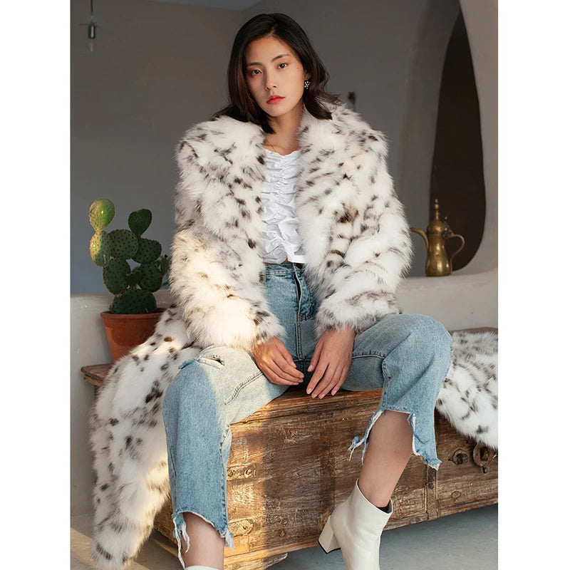 Women's fur coat Imitation fox fur coat black dot leopard print suit long length large size winter warm leather windbreaker