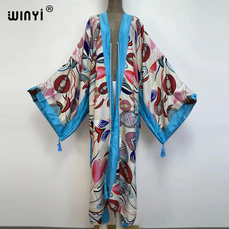 Sukienka Autumn 2021 WINYI Women Cardigan Loose Long Dress Cocktail Party Boho Maxi African Holiday Batwing Sleeve kimono Robe