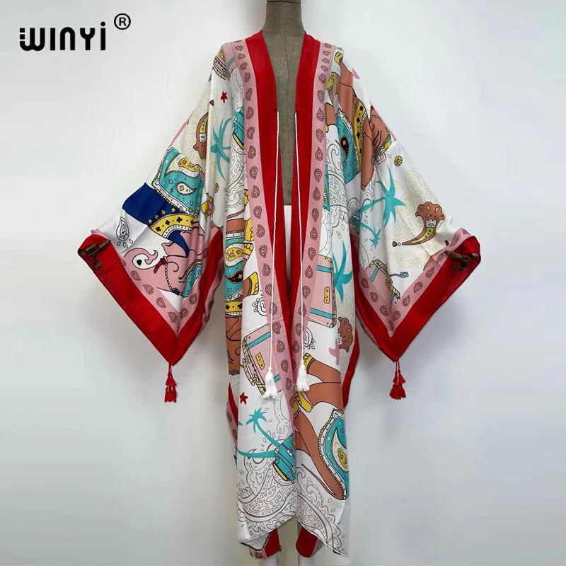 Sukienka Autumn 2021 WINYI Women Cardigan Loose Long Dress Cocktail Party Boho Maxi African Holiday Batwing Sleeve kimono Robe